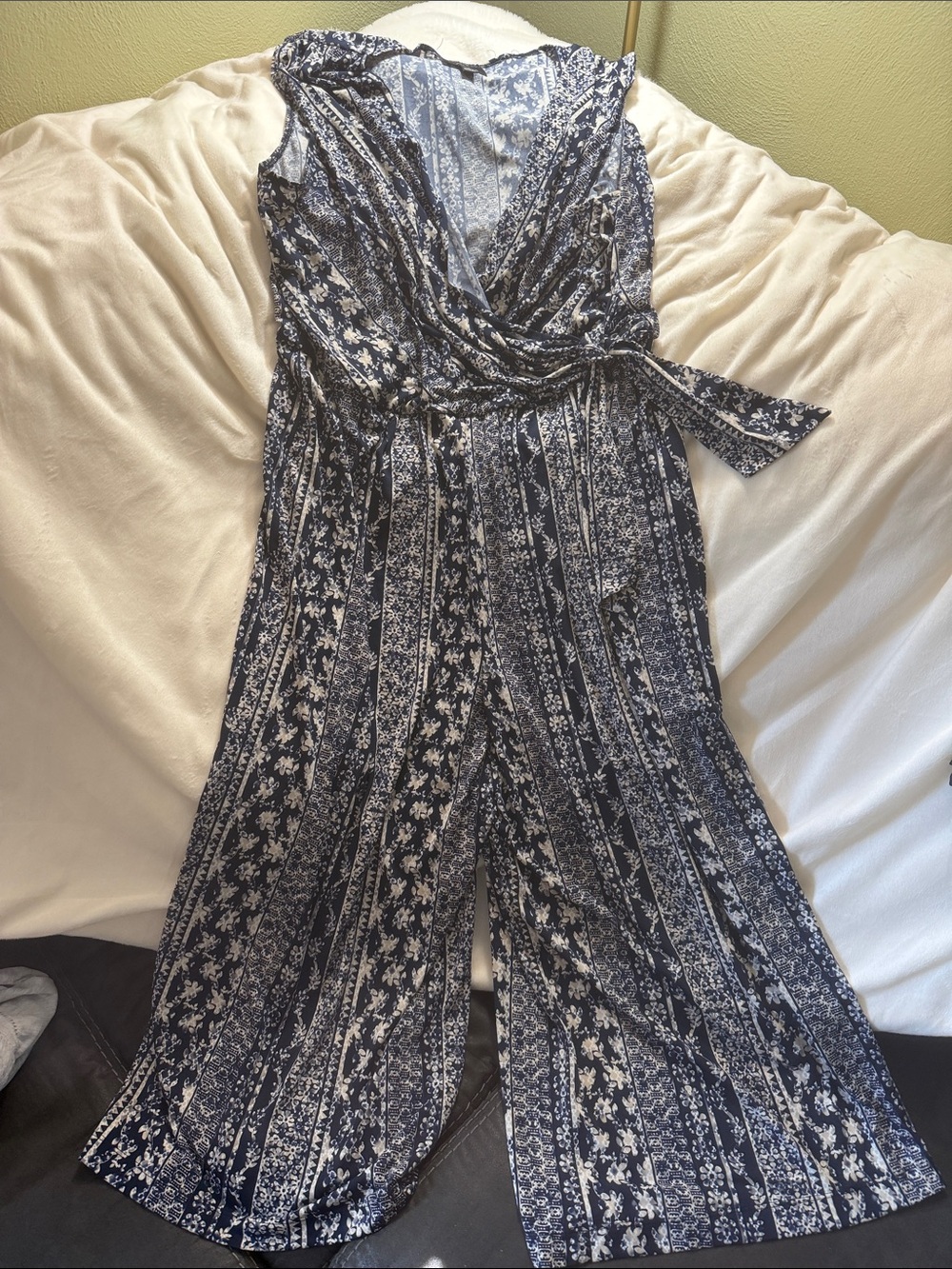 connected apparel Navy & White Floral Wrap Jumpsuit
